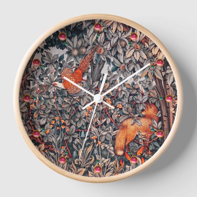 FOREST ANIMALS Pheasant Red Fox Grey Floral  Clock (Front)