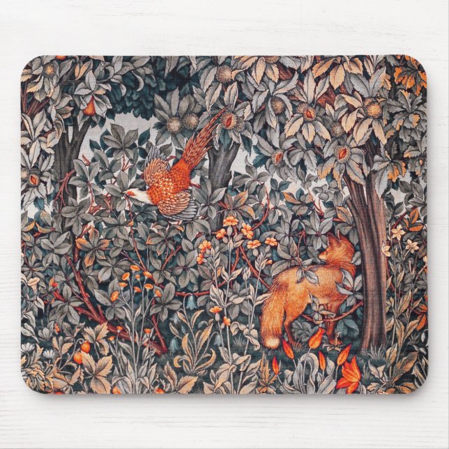 FOREST ANIMALS Pheasant ,Red Fox,Grey Floral Mouse Mat (Front)