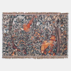 FOREST ANIMALS Pheasant ,Red Fox,Grey Floral  Throw Blanket
