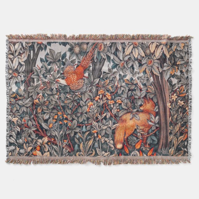 FOREST ANIMALS Pheasant ,Red Fox,Grey Floral  Throw Blanket (Front)