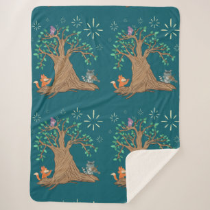Forest Animals Playing Music Woodland Folk Art Sherpa Blanket