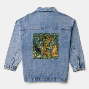 FOREST ANIMALS,RAVEN,FOX,PEACOCK Blue Green Floral Denim Jacket