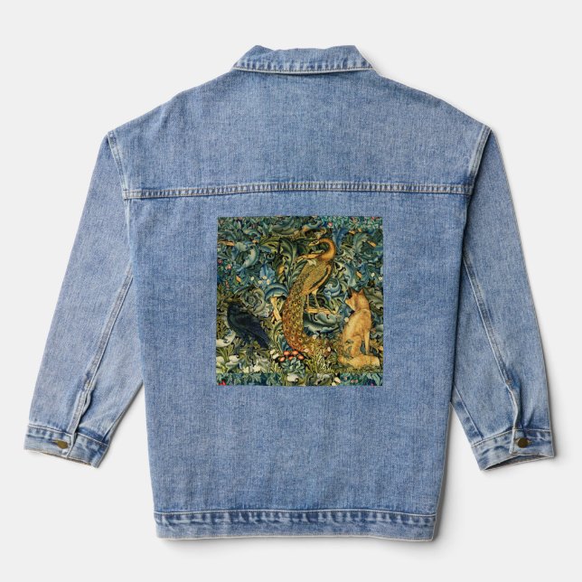 FOREST ANIMALS,RAVEN,FOX,PEACOCK Blue Green Floral Denim Jacket (Back)