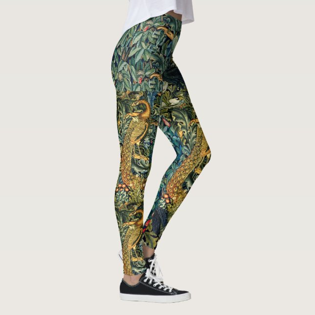 FOREST ANIMALS,RAVEN,FOX,PEACOCK Blue Green Floral Leggings (Right)