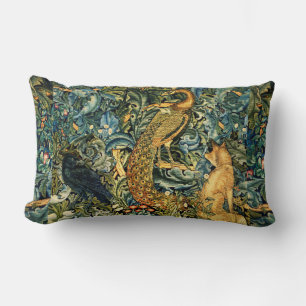 FOREST ANIMALS,RAVEN,FOX,PEACOCK Blue Green Floral Lumbar Cushion