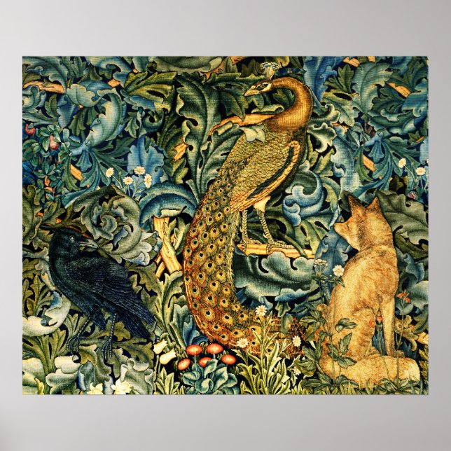 FOREST ANIMALS,RAVEN,FOX,PEACOCK Blue Green Floral Poster (Front)
