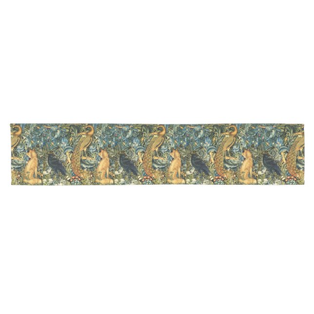FOREST ANIMALS,RAVEN,FOX,PEACOCK Blue Green Floral Short Table Runner (Horizontal)