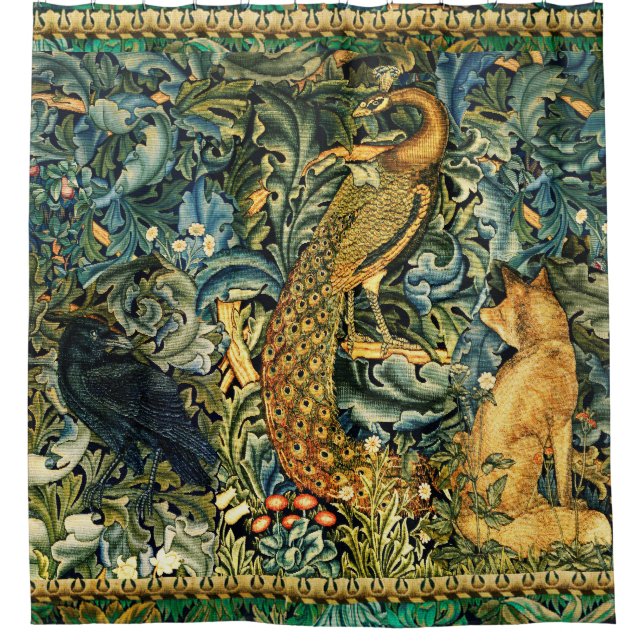 FOREST ANIMALS,RAVEN,FOX,PEACOCK Blue Green Floral Shower Curtain (Front)
