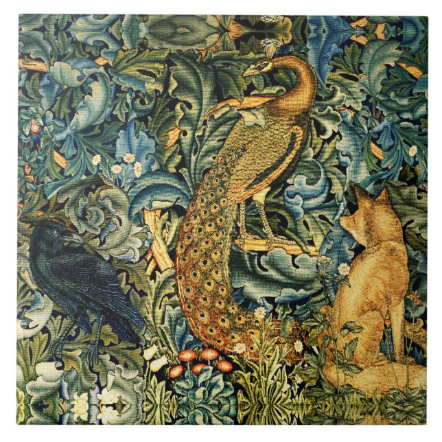 FOREST ANIMALS,RAVEN,FOX,PEACOCK Blue Green Floral Tile (Front)