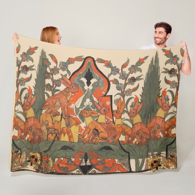FOREST ANIMALS,RED RABBITS AMONG FLOWERS LEAVES FLEECE BLANKET (In Situ)