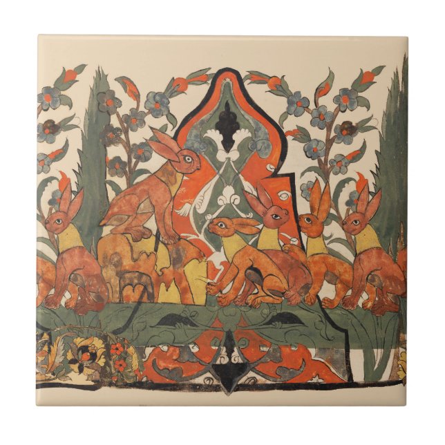 FOREST ANIMALS,RED RABBITS AMONG FLOWERS LEAVES TILE (Front)