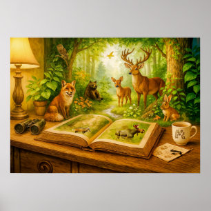 Forest animals rising from open book poster
