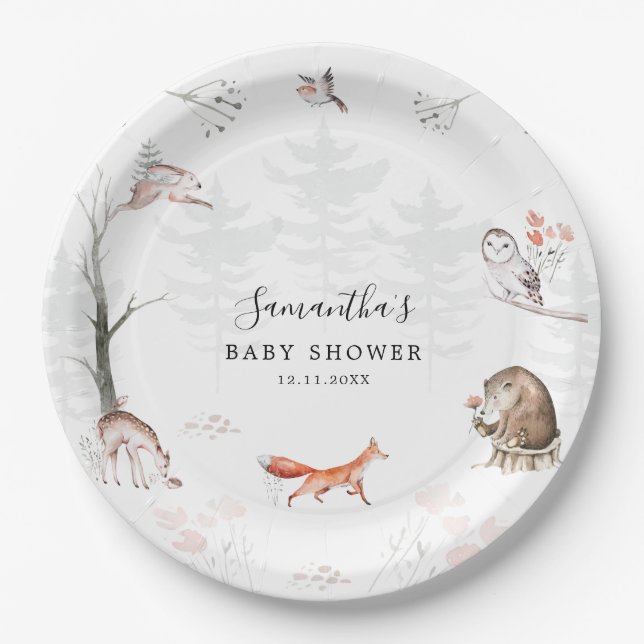Forest Animals Rustic Woodland Baby Shower Paper Plate (Front)