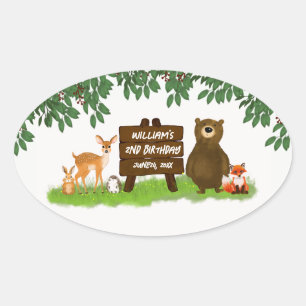 Forest Animals Rustic Woodland Kid's Birthday Oval Sticker