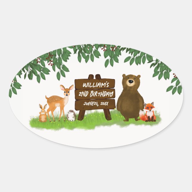 Forest Animals Rustic Woodland Kid's Birthday Oval Sticker (Front)