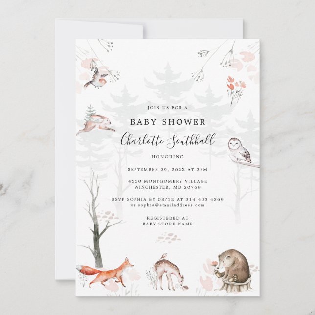 Forest Animals Script Modern Baby Shower Invitation (Front)