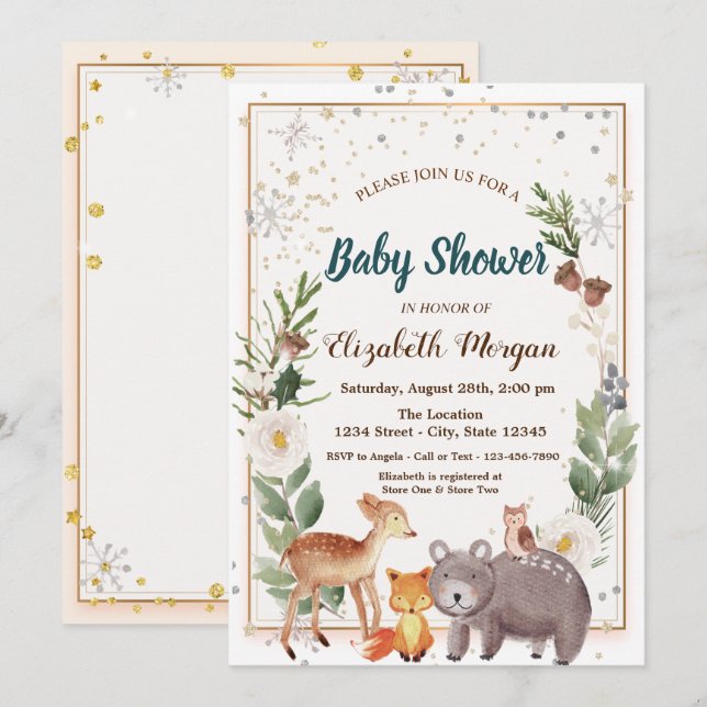 Forest Animals Snowflakes Baby Shower  Invitation (Front/Back)