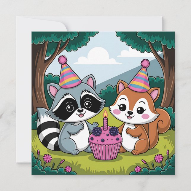 Forest Animals Themed Girl's First Birthday Invitation (Front)