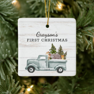 Forest Animals Truck Photo Baby's First Christmas  Ceramic Ornament