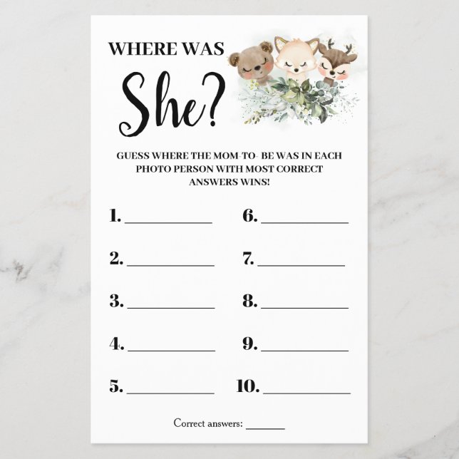 Forest Animals Where was Mum Baby Shower Game Card (Front)