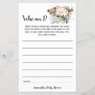 Forest Animals Who am I Baby Shower Game Card