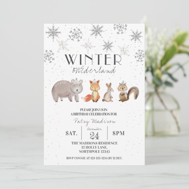 Forest Animals Winter ONEderland Birthday Invitation (Standing Front)