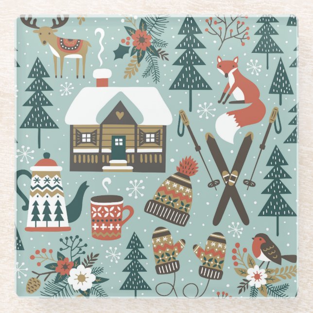 Forest Animals: Winter Vintage Seamless. Glass Coaster (Front)