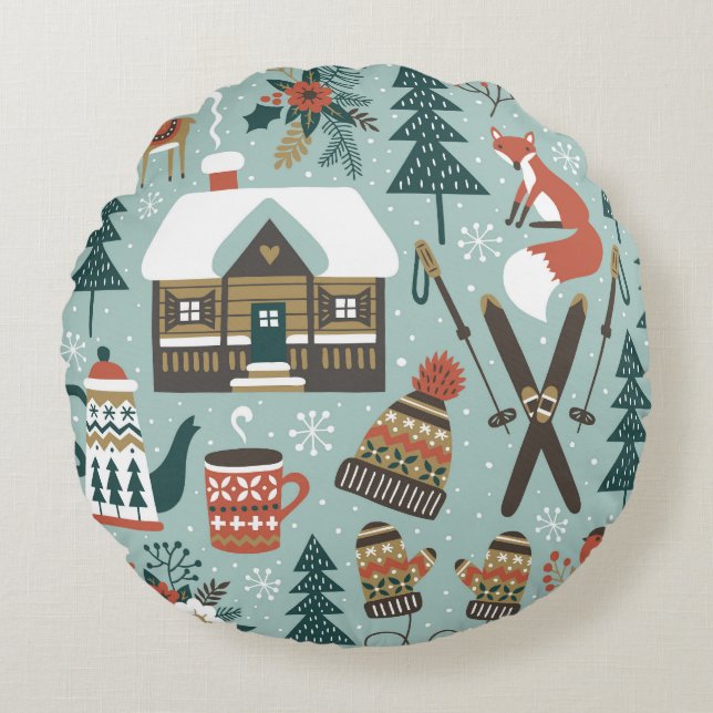 Forest Animals: Winter Vintage Seamless. Round Cushion (Front)