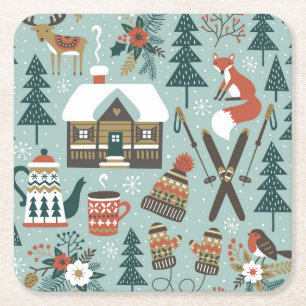 Forest Animals: Winter Vintage Seamless. Square Paper Coaster