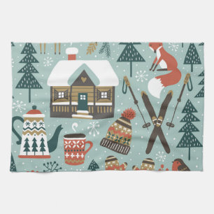 Forest Animals: Winter Vintage Seamless. Tea Towel
