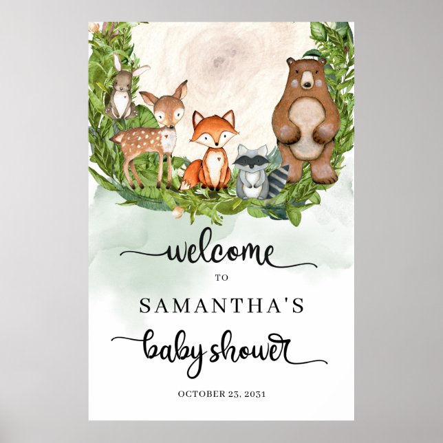 Forest animals wooden slice baby shower Welcome Poster (Front)