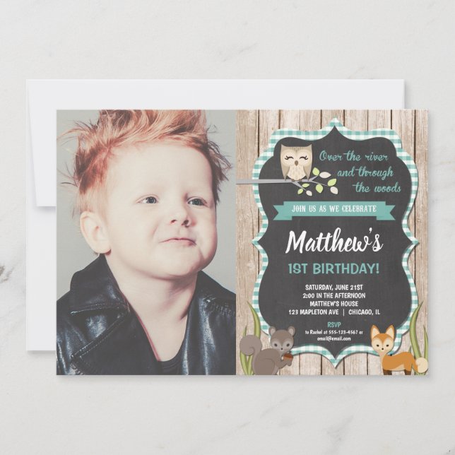 Forest animals woodland boy 1st birthday invitation (Front)