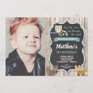 Forest animals woodland boy 1st birthday invitation