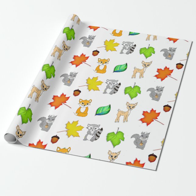 Forest Animals Woodland Creatures Fox, Racoon Wrapping Paper (Unrolled)