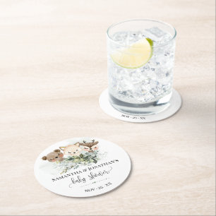 Forest Animals Woodland Greenery Baby Shower Round Paper Coaster