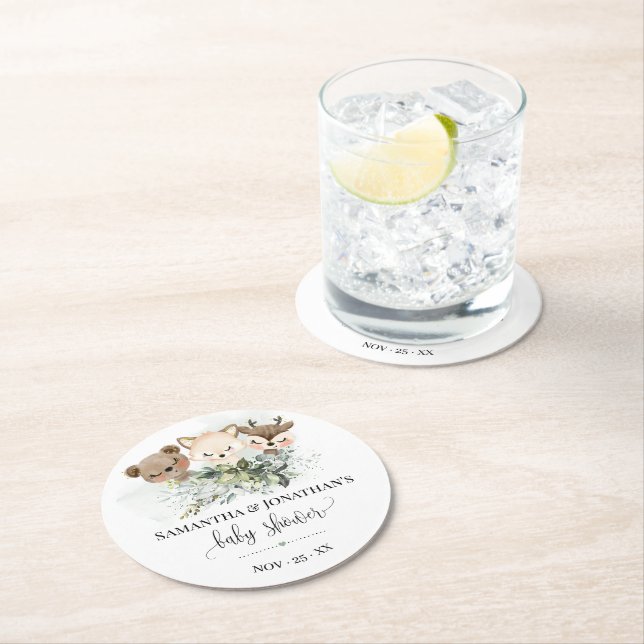Forest Animals Woodland Greenery Baby Shower Round Paper Coaster (Insitu)