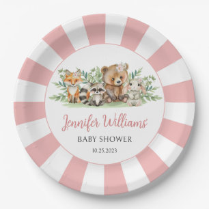 Forest animals Woodland pink girl baby shower Paper Plate