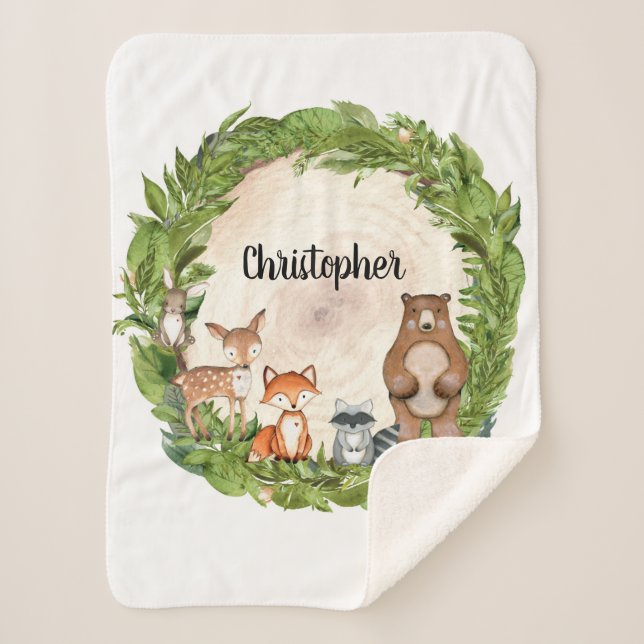 Forest animals woodland wooden slice personalised sherpa blanket (Front)