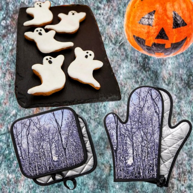 Forest At Twilight Oven Mitt & Pot Holder Set (Churn out those Halloween goodies, using this Forest At Twilight Oven Mitt & Pot Holder Set!)