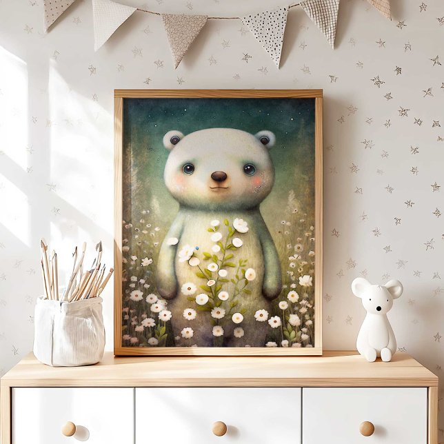 Forest Baby Bear Flower | Bear Wall Print (Woodland Bear Nursery Wall Decor | Gender Neutral by TinkPrints.)