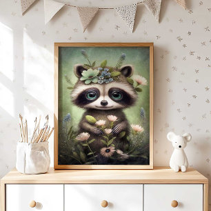 Forest Baby Racoon Flower   Racoon Wall Print