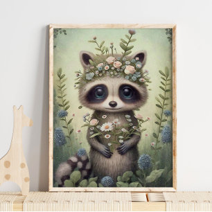 Forest Baby Racoon Flower Racoon Wall Print