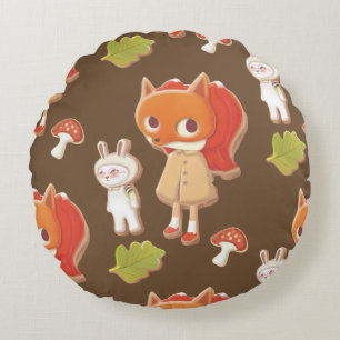 Forest Bakery: Fox Girl & Animal Cookies Pattern Round Cushion