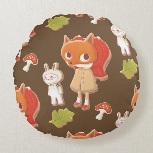 Forest Bakery: Fox Girl & Animal Cookies Pattern Round Cushion (Front)