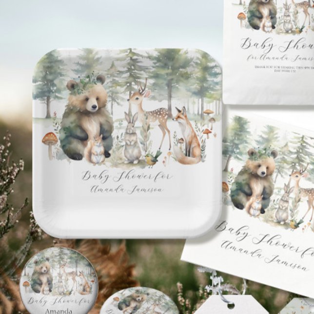 Forest Bear Deer Woodland Cute Animals Baby Shower Paper Plate (Creator Uploaded)
