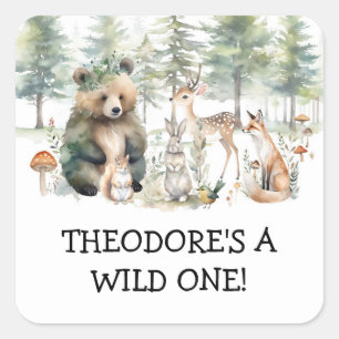 Forest Bear Deer Woodland Wild One Birthday Party Square Sticker