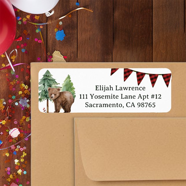 Forest Bear One Happy Camper Return Address Label (Cute bear in the woods return address label)