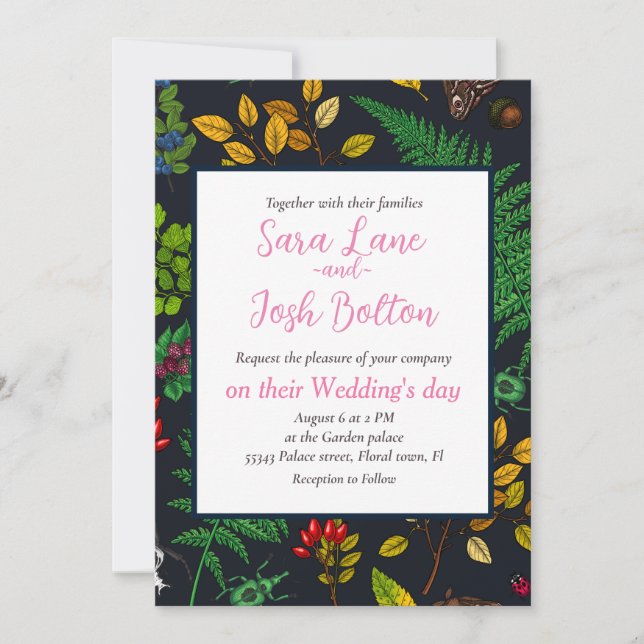 Forest berries, leaves and bugs on graphite black invitation (Front)