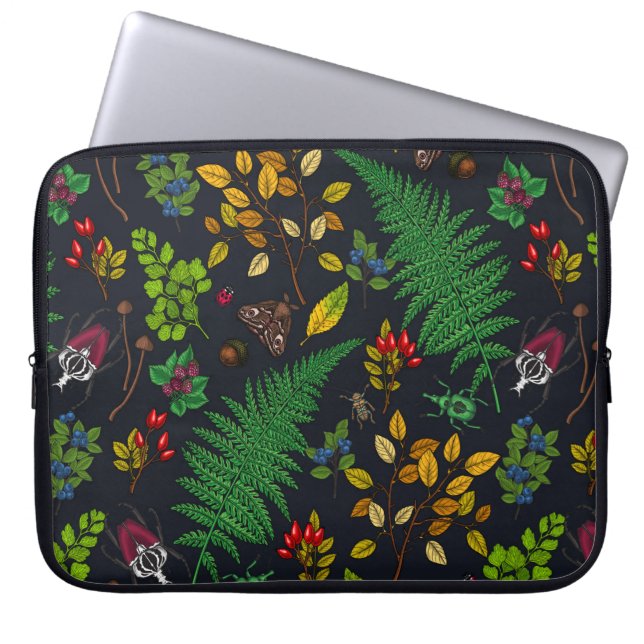 Forest berries, leaves and bugs on graphite black laptop sleeve (Front)