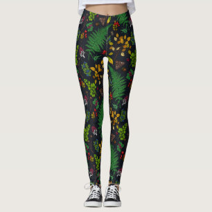 Forest berries, leaves and bugs on graphite black leggings